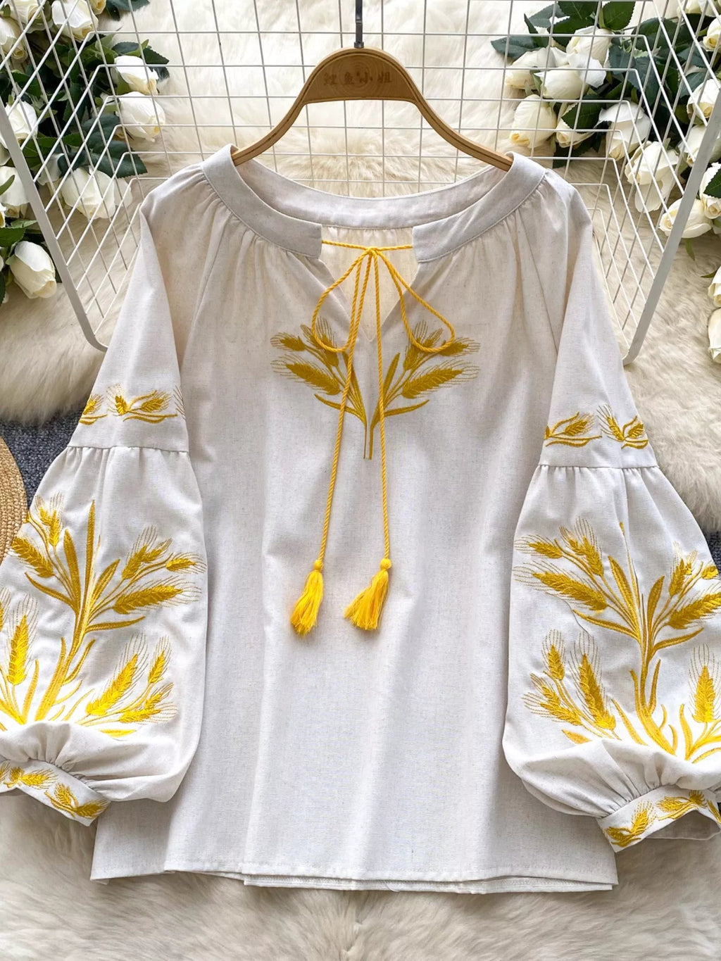 Embroidered Wheat Pattern Tie Neck Blouse