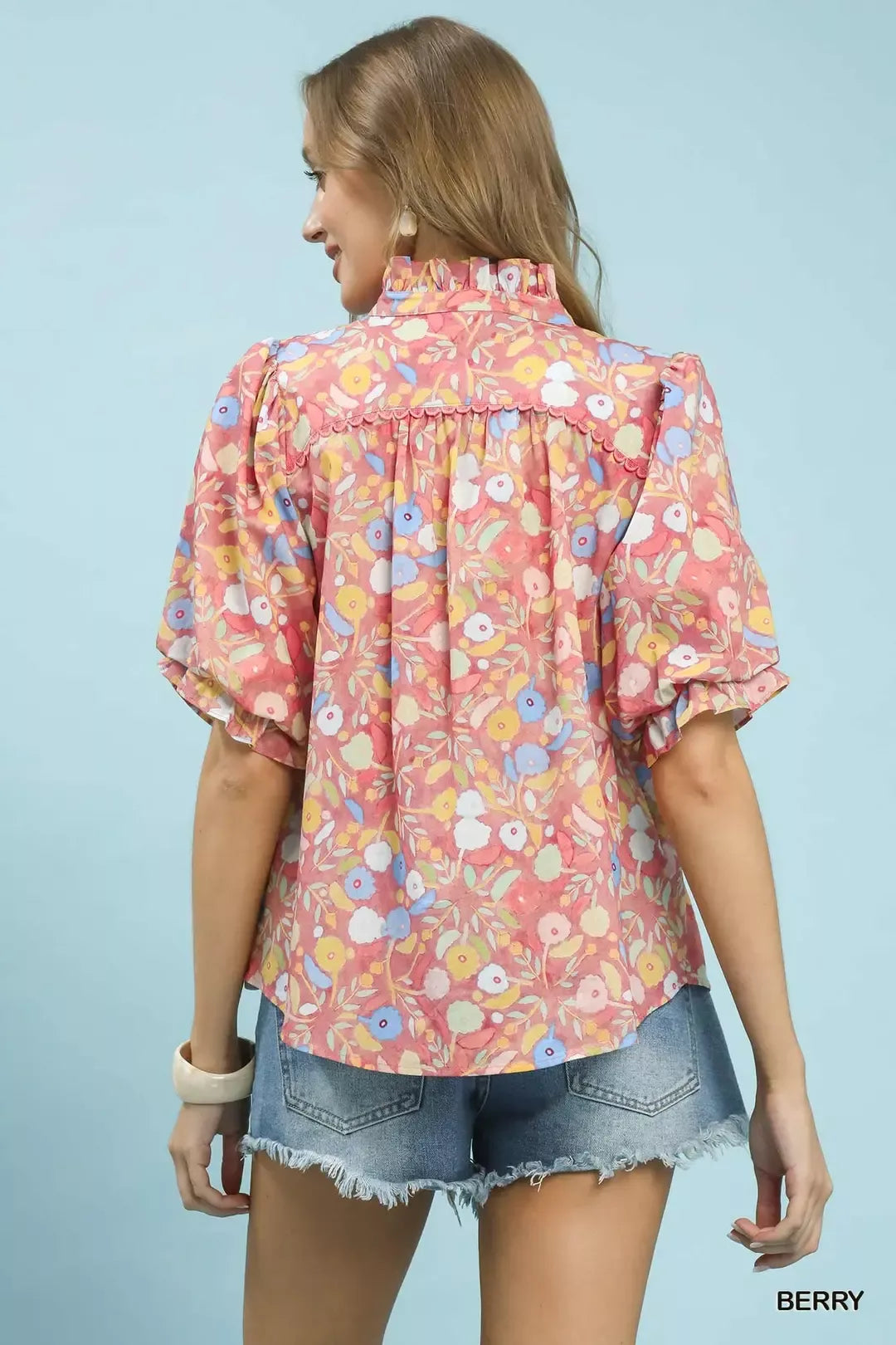 Umgee Smocked Floral Ruffle Trim Top