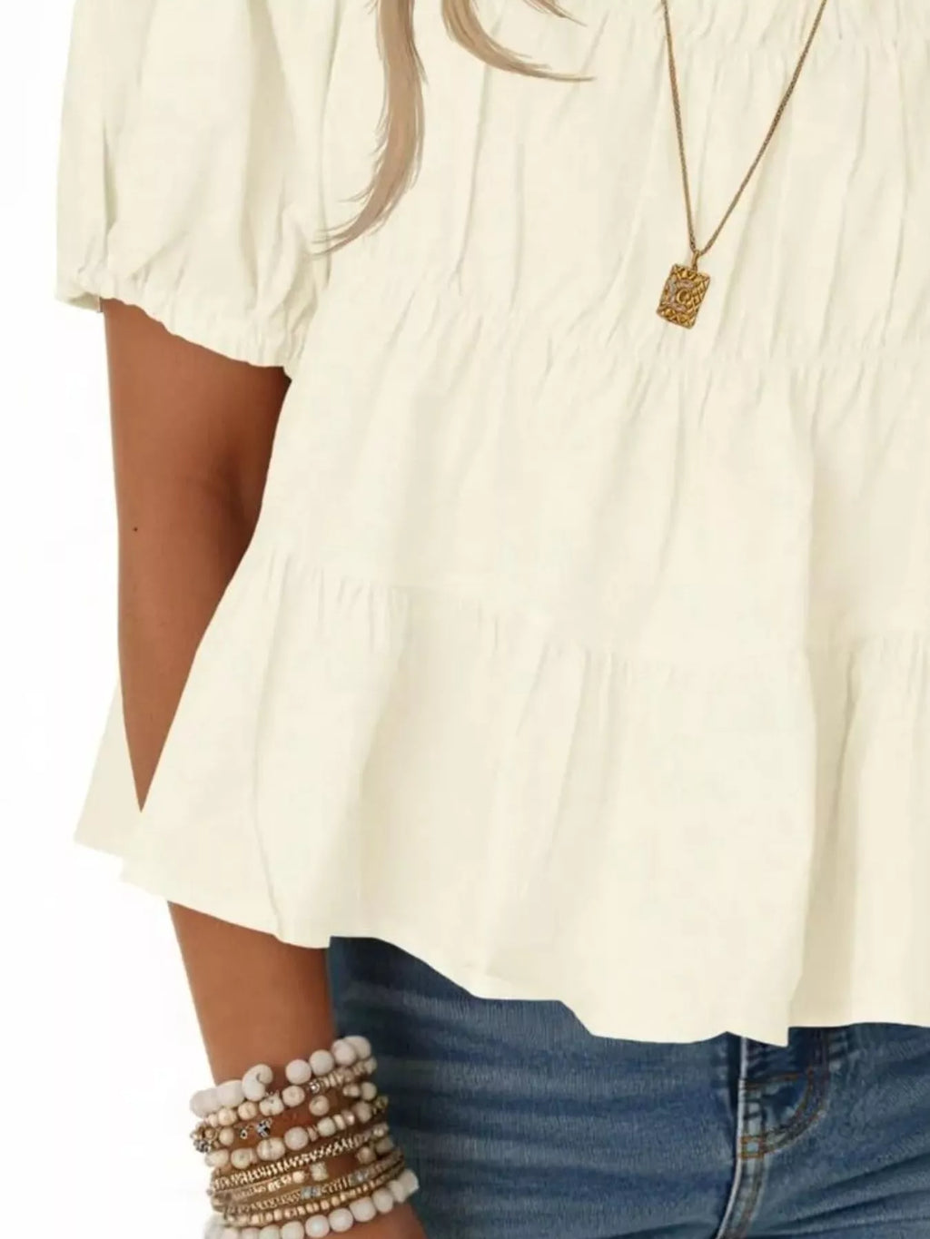 Ruched Tiered Puff Sleeve Blouse
