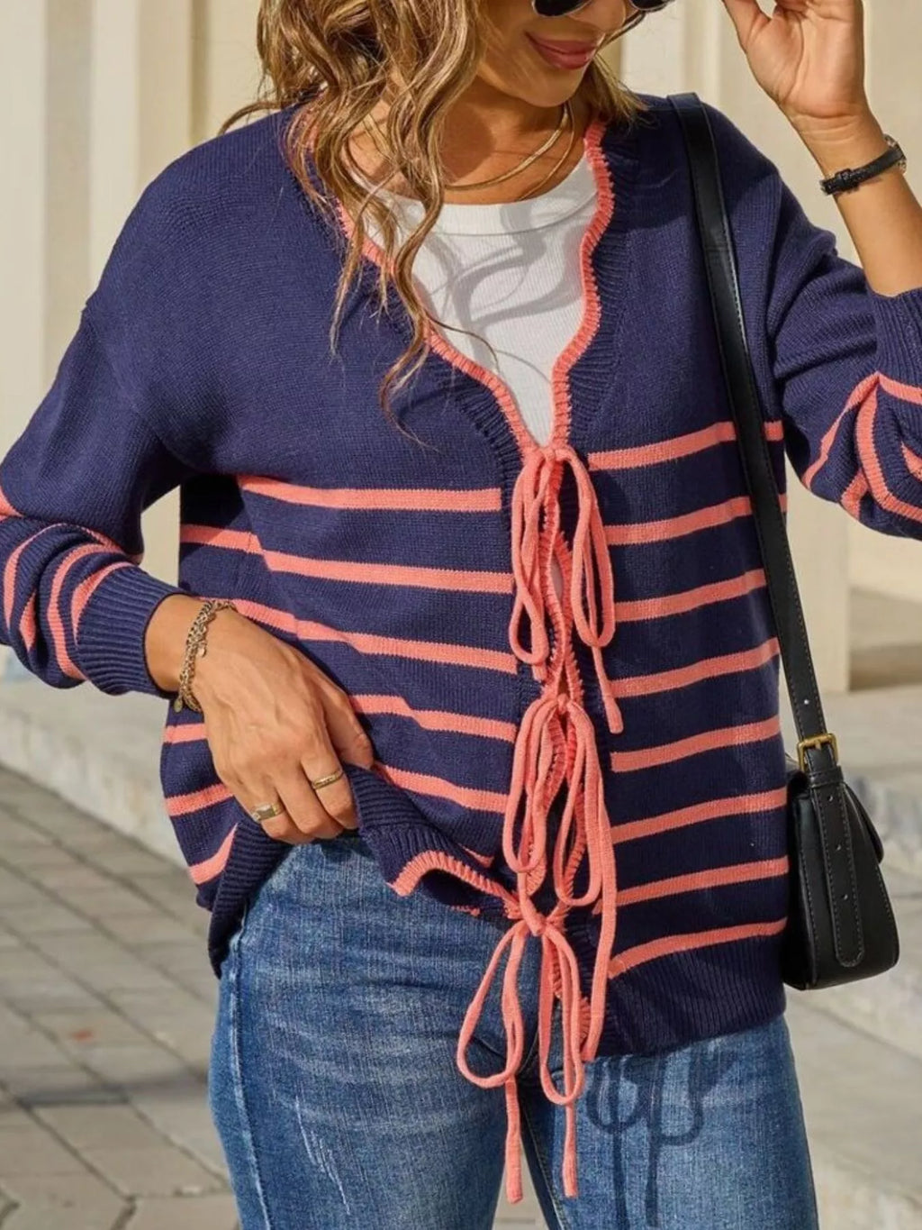 Striped Tie Front Knit Cardigan
