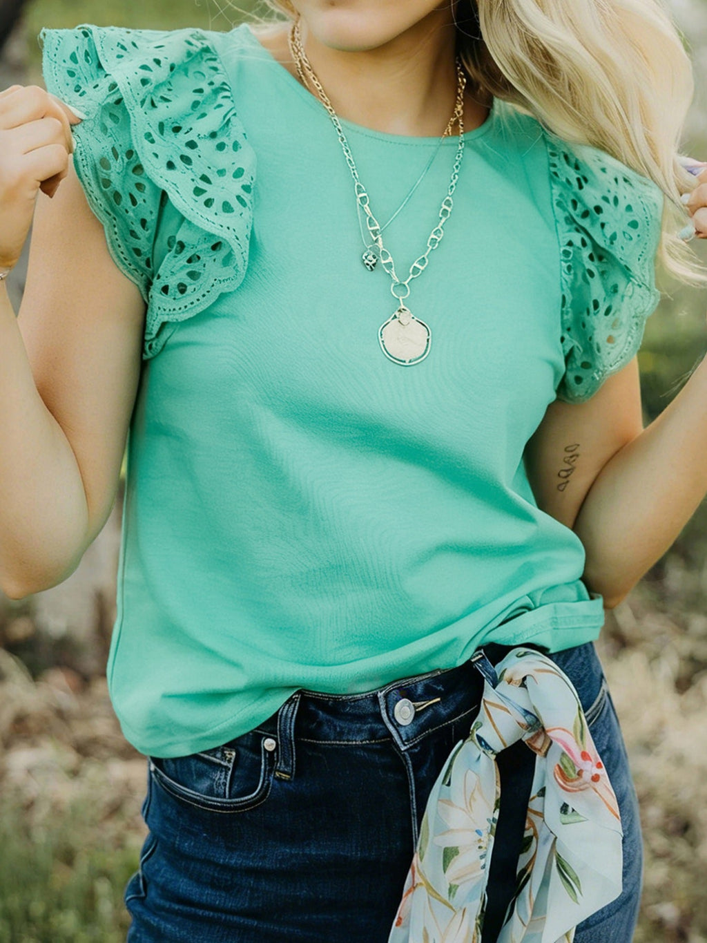 Eyelet Lace Ruffled Cap Sleeve Top