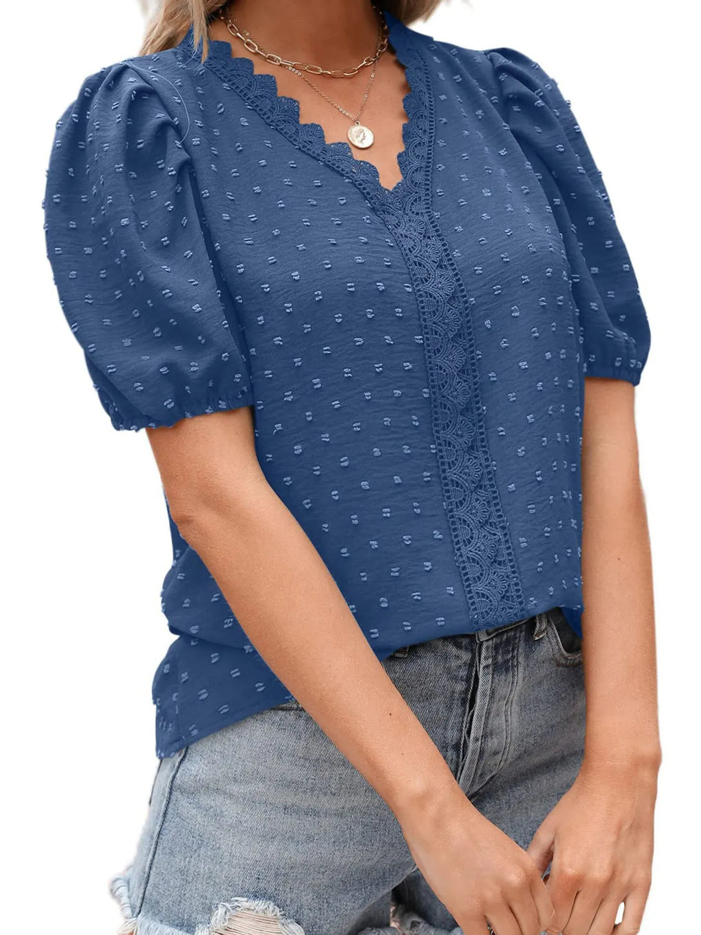 Puff Sleeve Swiss Dot Lace Trim Blouse