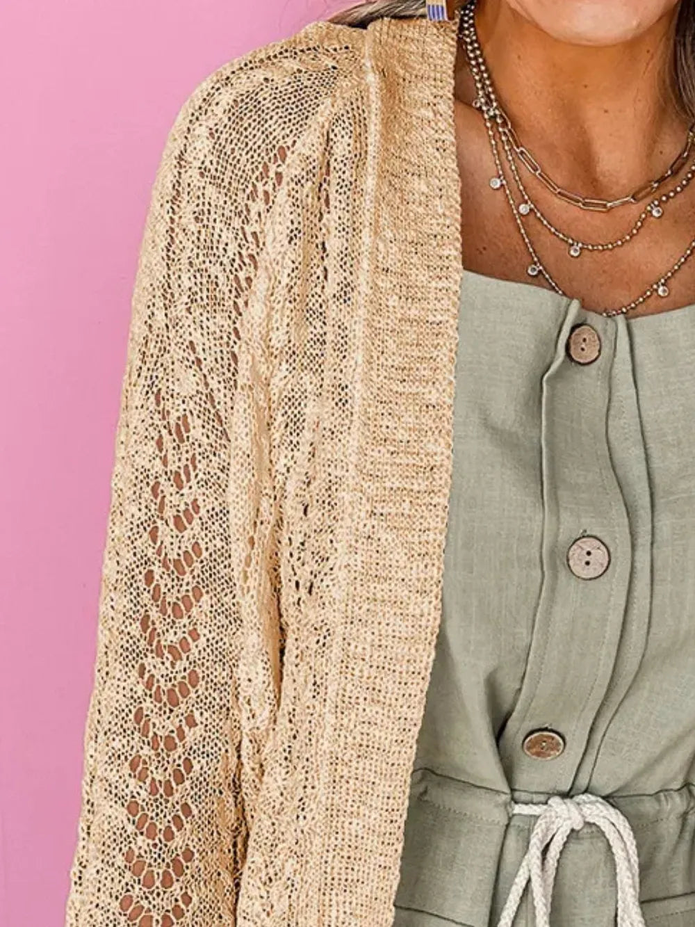 Openwork Open Front Long Sleeve Cardigan