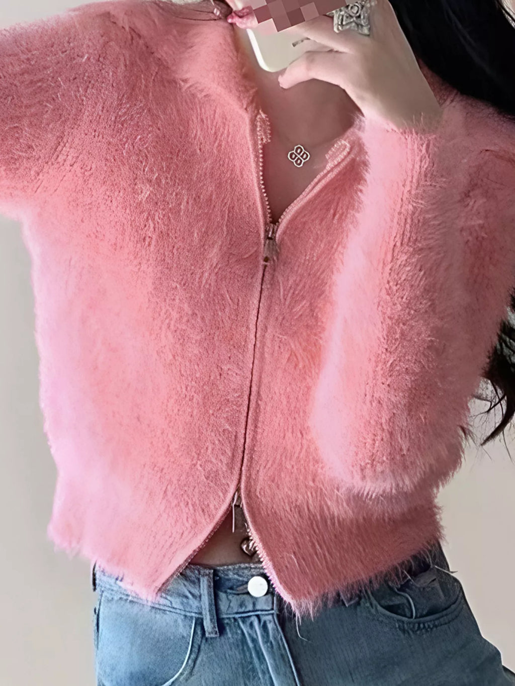 Fluffy Knit Zip-Up Outerwear
