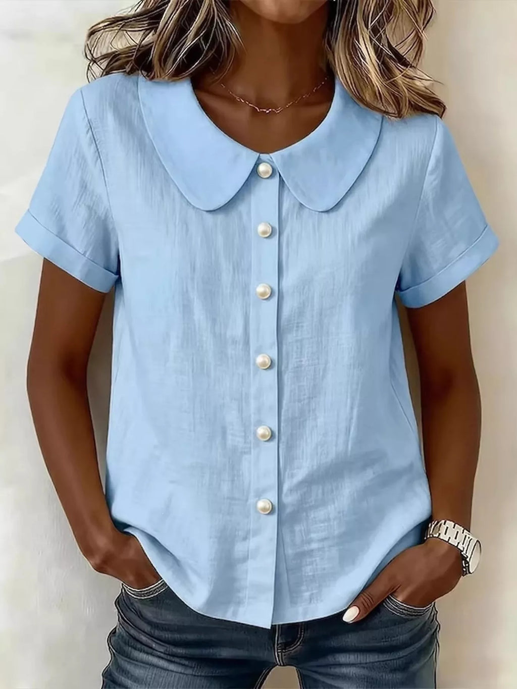 Peter Pan Collar Pearl Button Short Sleeve Shirt