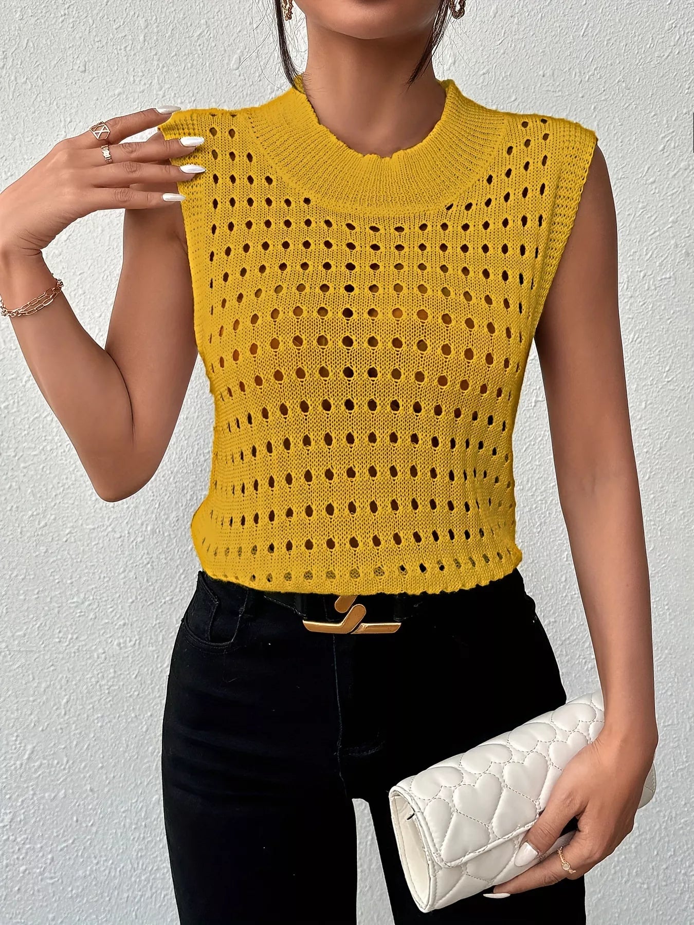 Hollow Out Round Neck Knit Tank