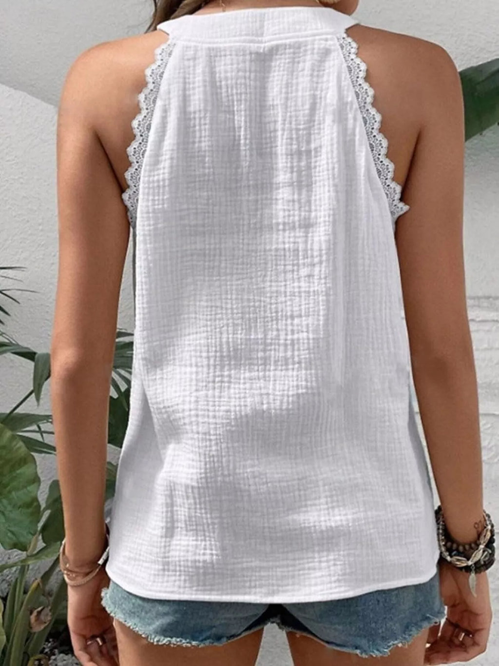 Lace Trim Notched Textured Tank