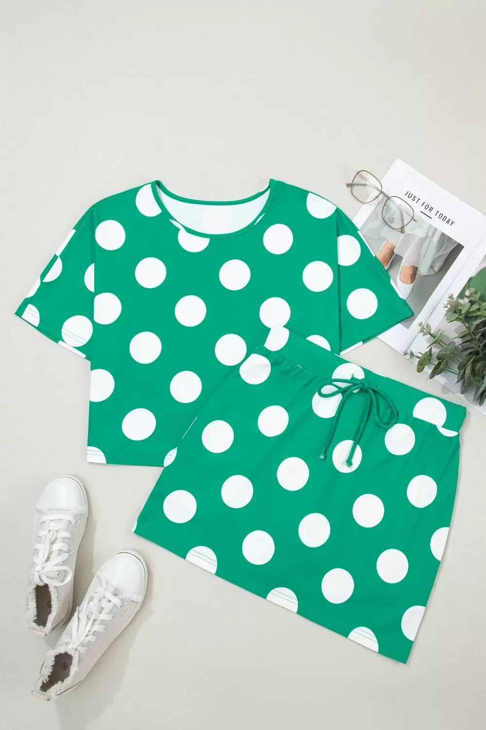 Polka Dot Print Cropped Tee Bodycon Skort 2pcs Set