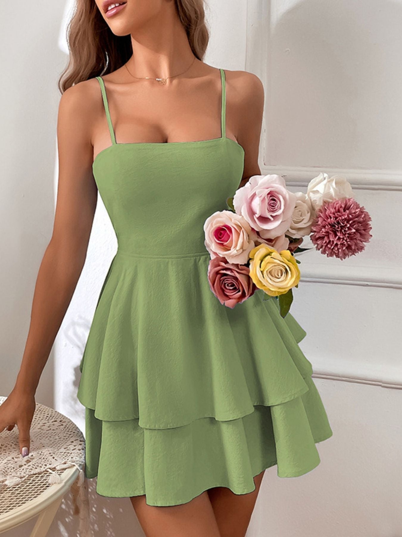Tie Back Layered Ruffle Hem Mini Dress