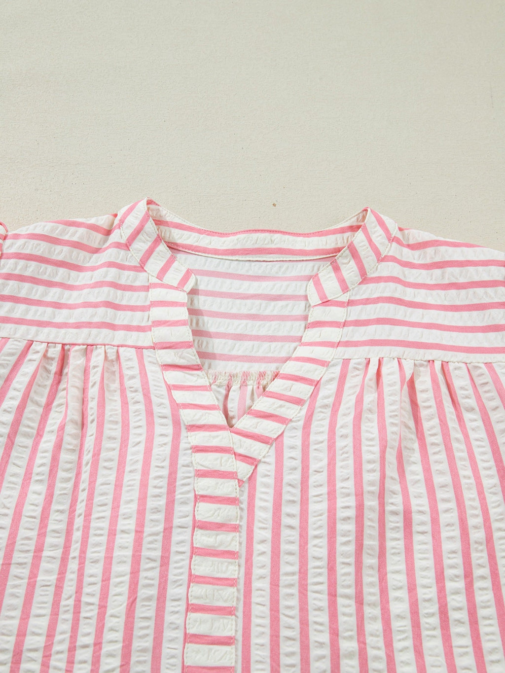 Stripe Print Floral Embroidered Puff Sleeve V Neck Blouse