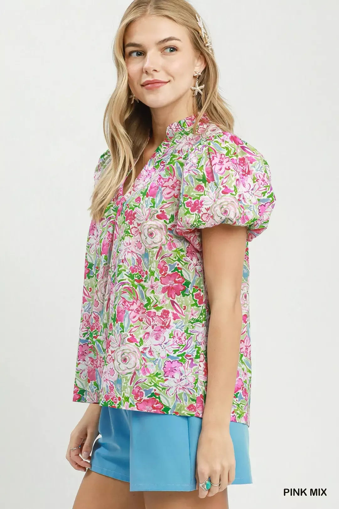 Umgee Floral Puff Sleeve Blouse