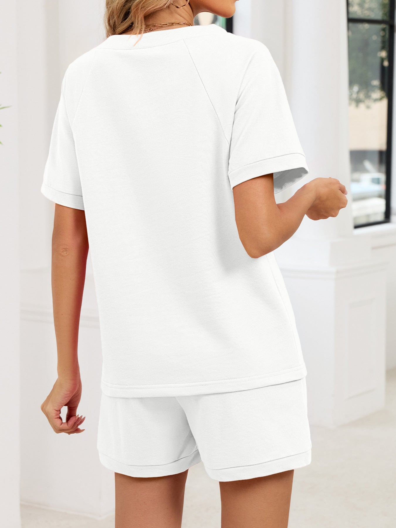 Notched Short Sleeve Top and Shorts Set