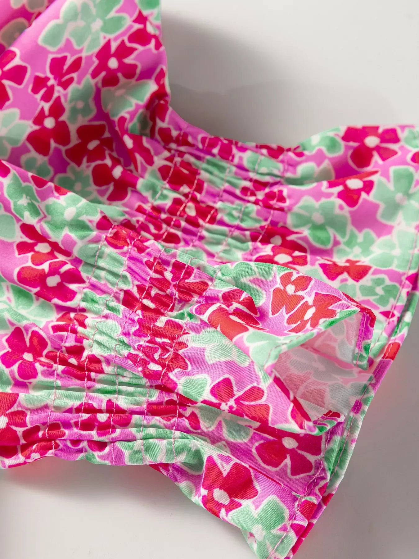 Floral Collared V Neck Short Puff Sleeve Blouse
