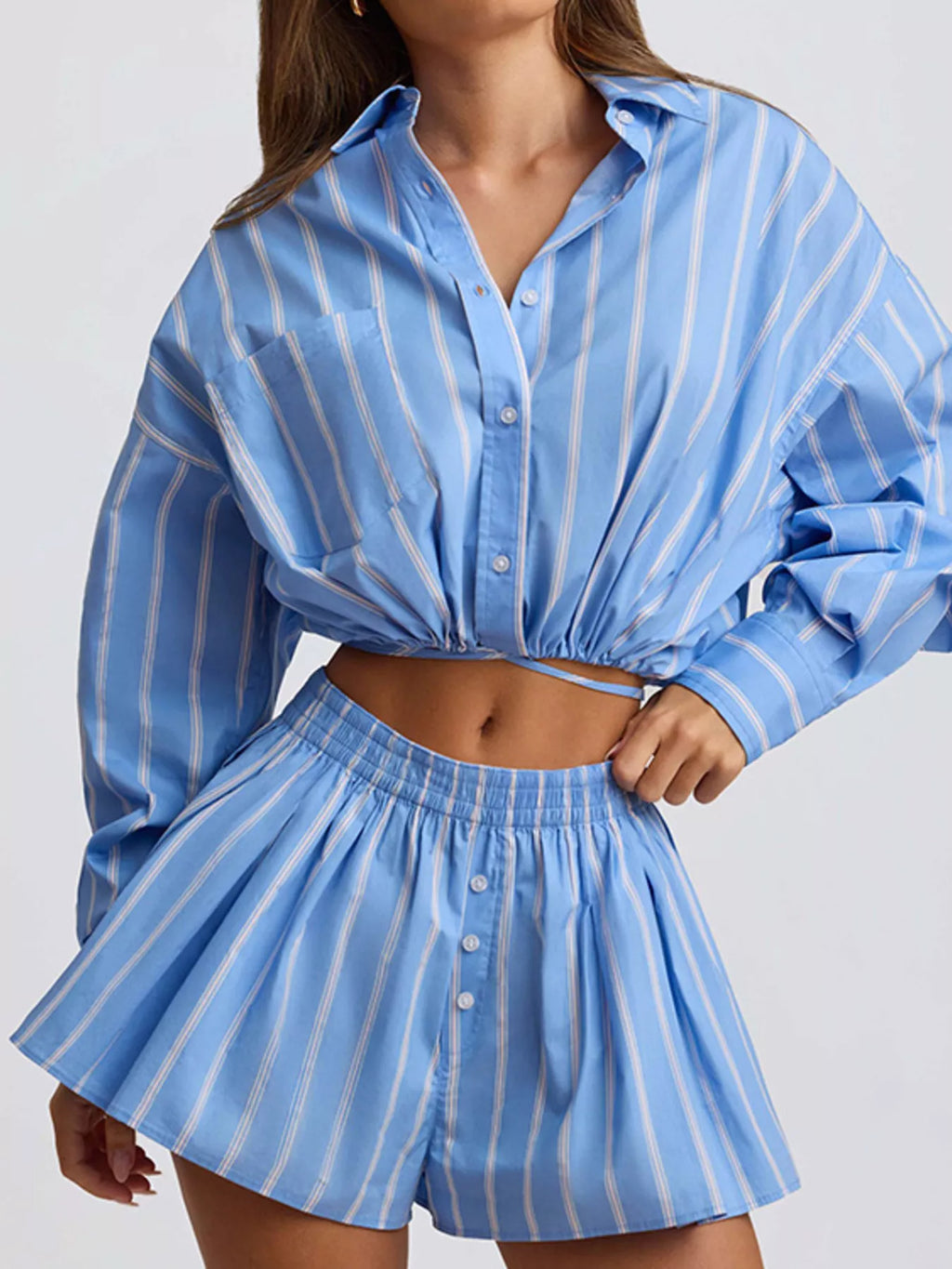 Striped Button Up Shirt and Shorts Set