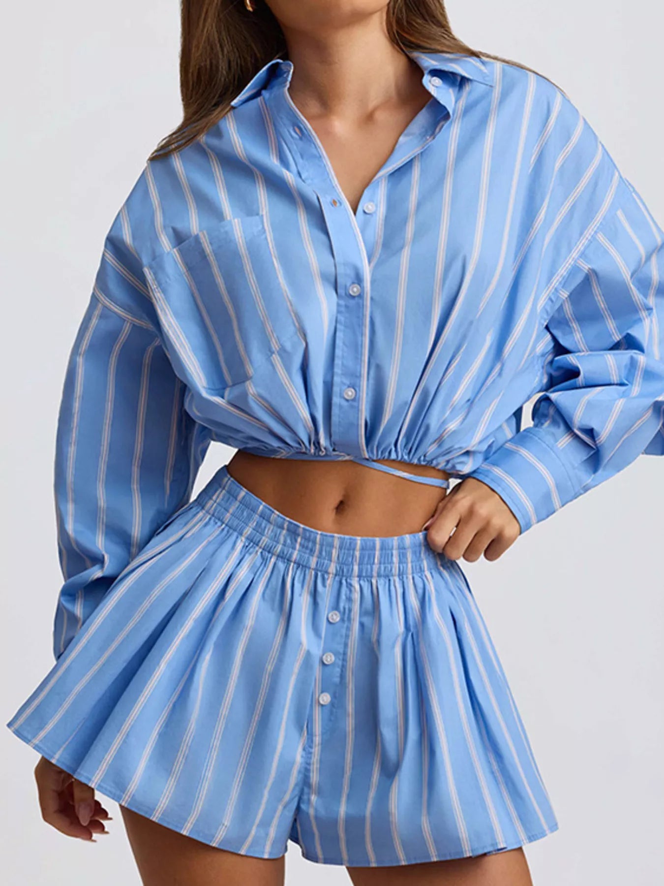 Striped Button Up Shirt and Shorts Set
