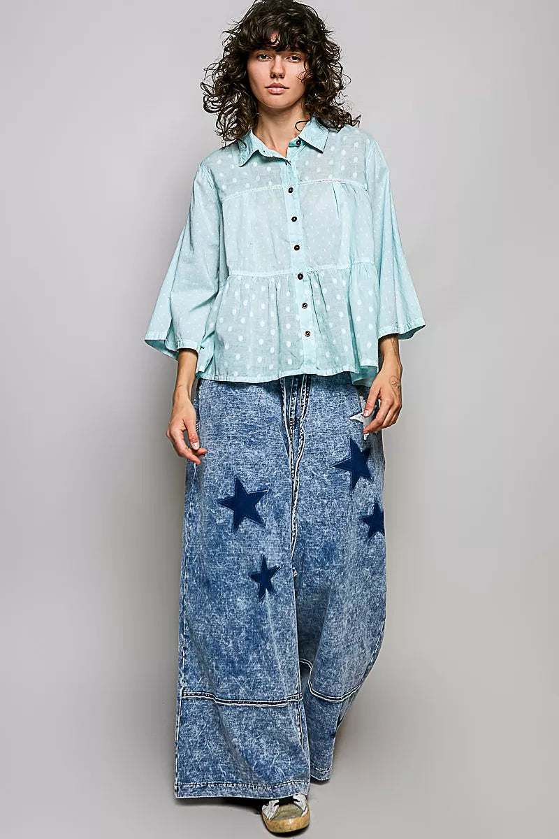 POL Tonal Dot Weave Textured Button Front Shirt