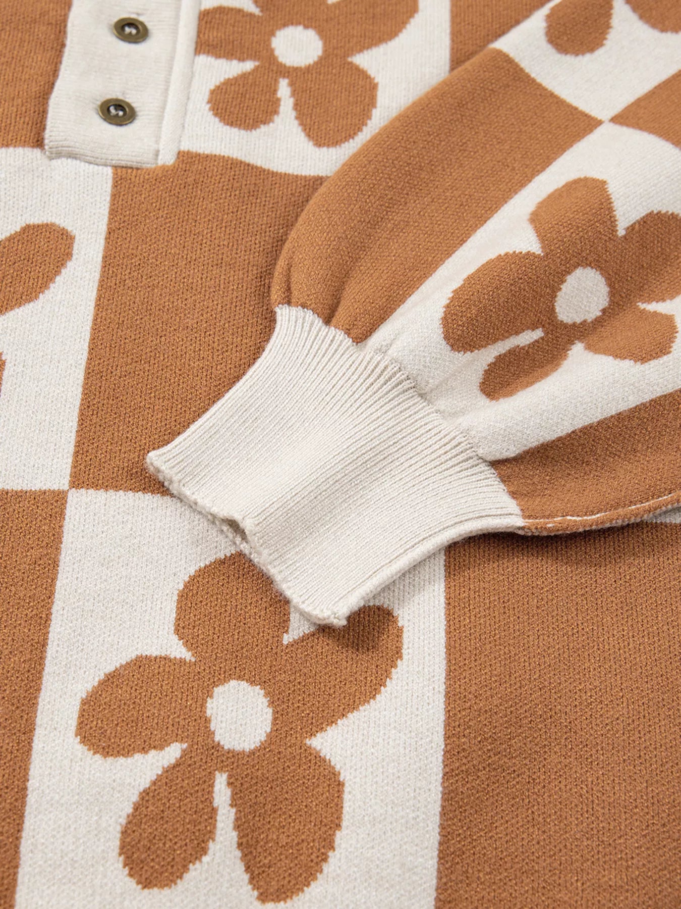 Flower Plaid Henley Baggy Sweater