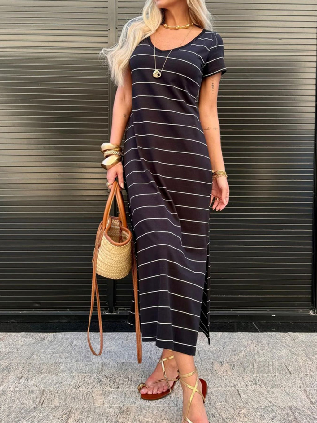 Slit Casual Striped Midi T-Shirt Dress