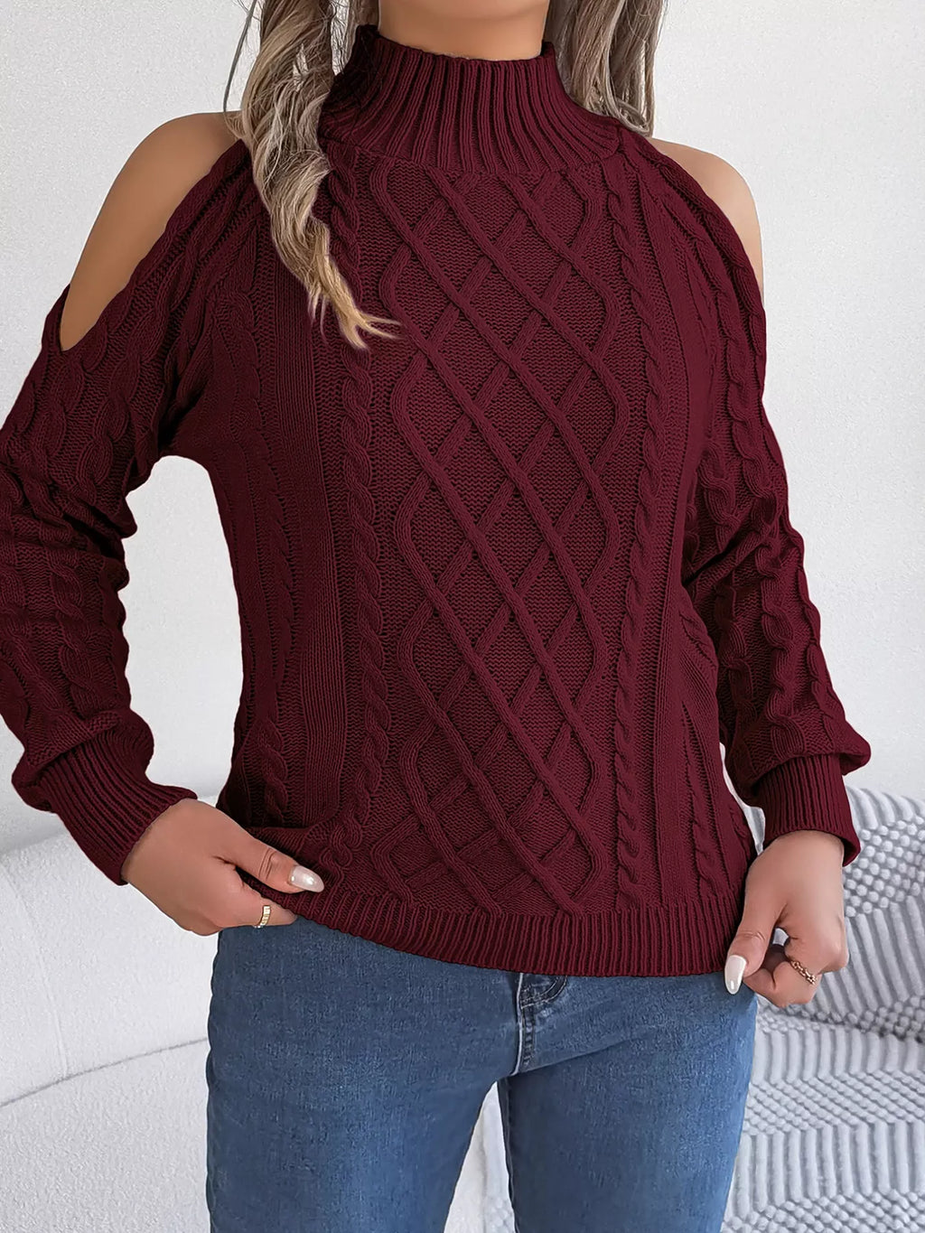 Cable Knit Cold Shoulder Turtleneck Sweater