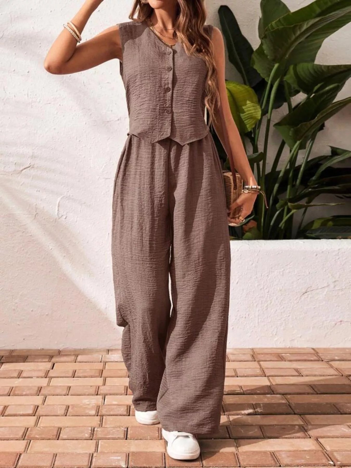 Button-Down Vest & Wide Leg Pants Set