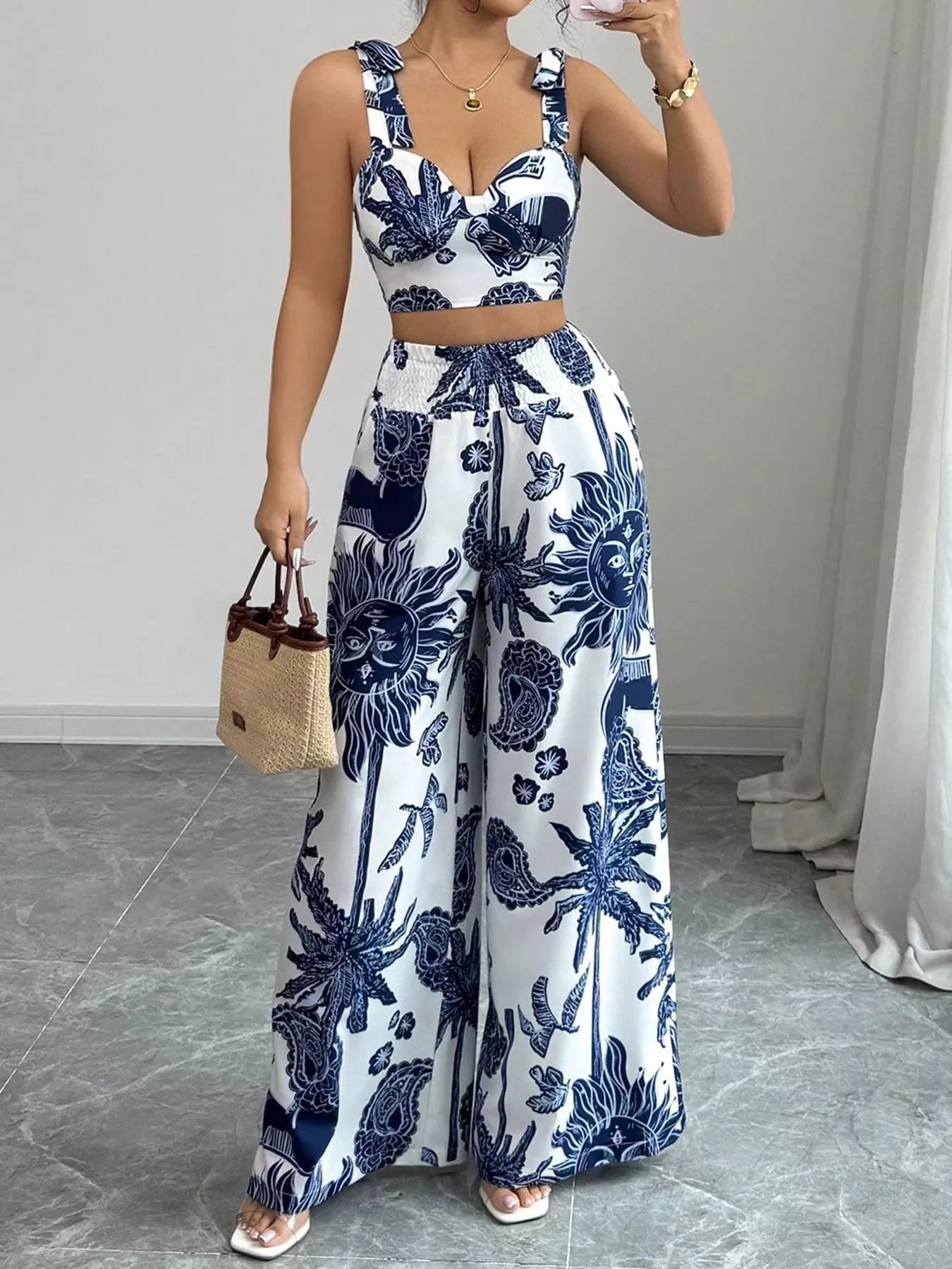 Floral Print Crop Top and Wide Leg Pants Set