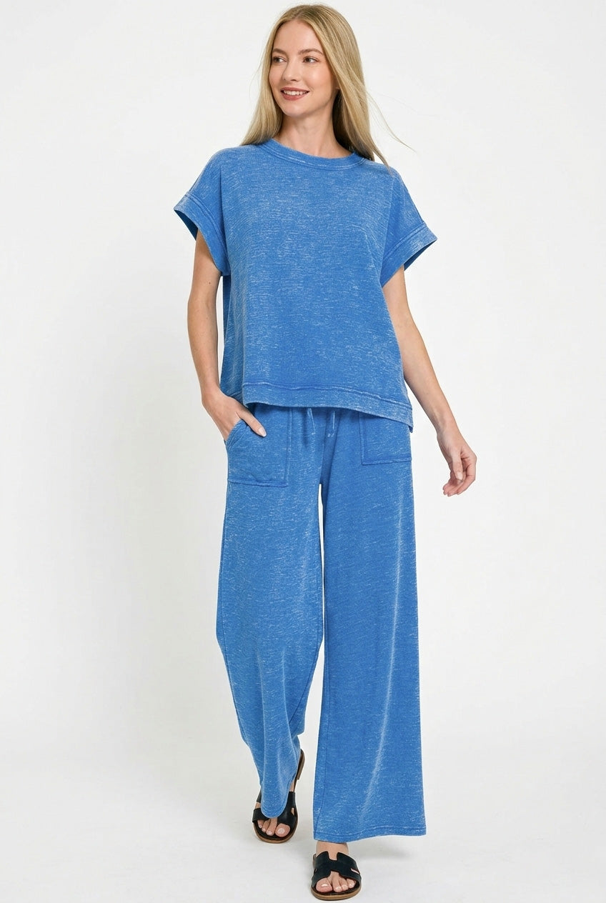 Zenana Washed Slub Short Sleeve Tee & Long Pants Set
