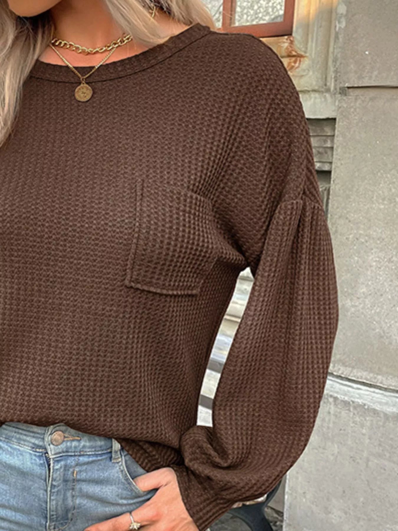 Waffle Knit Round Neck Top