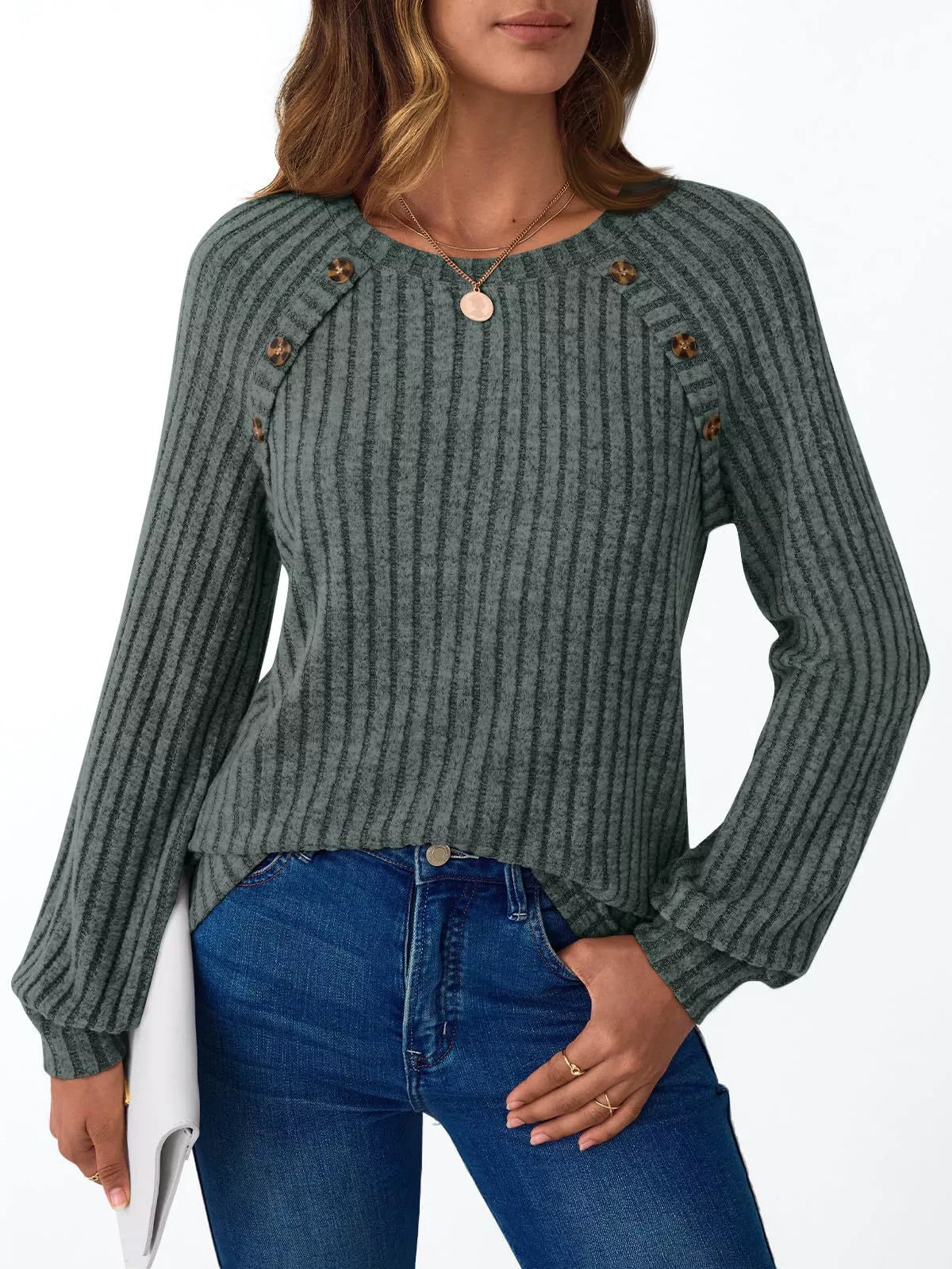 Ribbed Knit Decor Button Long Sleeve T-Shirt
