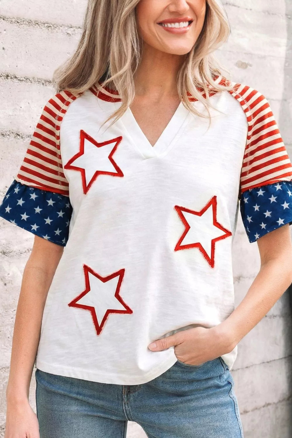 Star Detail Flag Inspired Short Sleeve Top