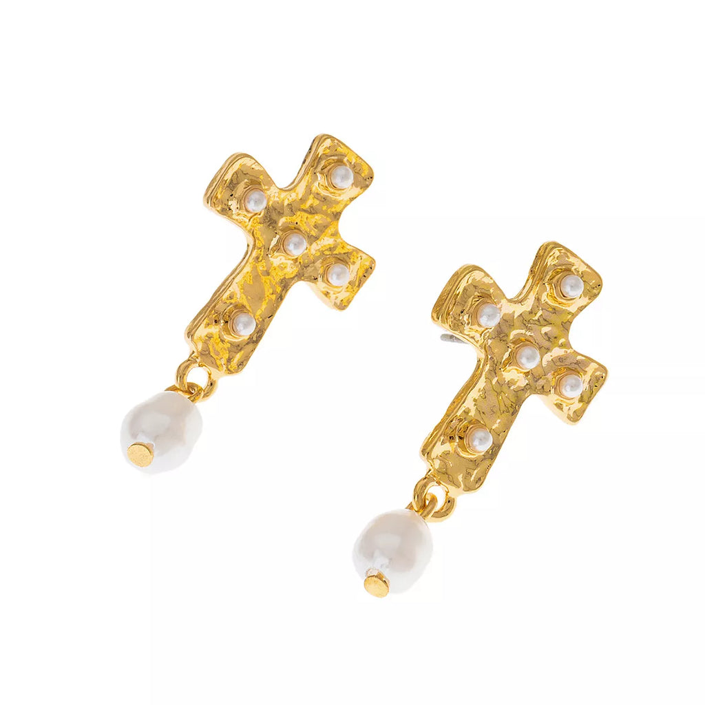 18K Gold-Plated Synthetic Pearl Cross Drop Earrings