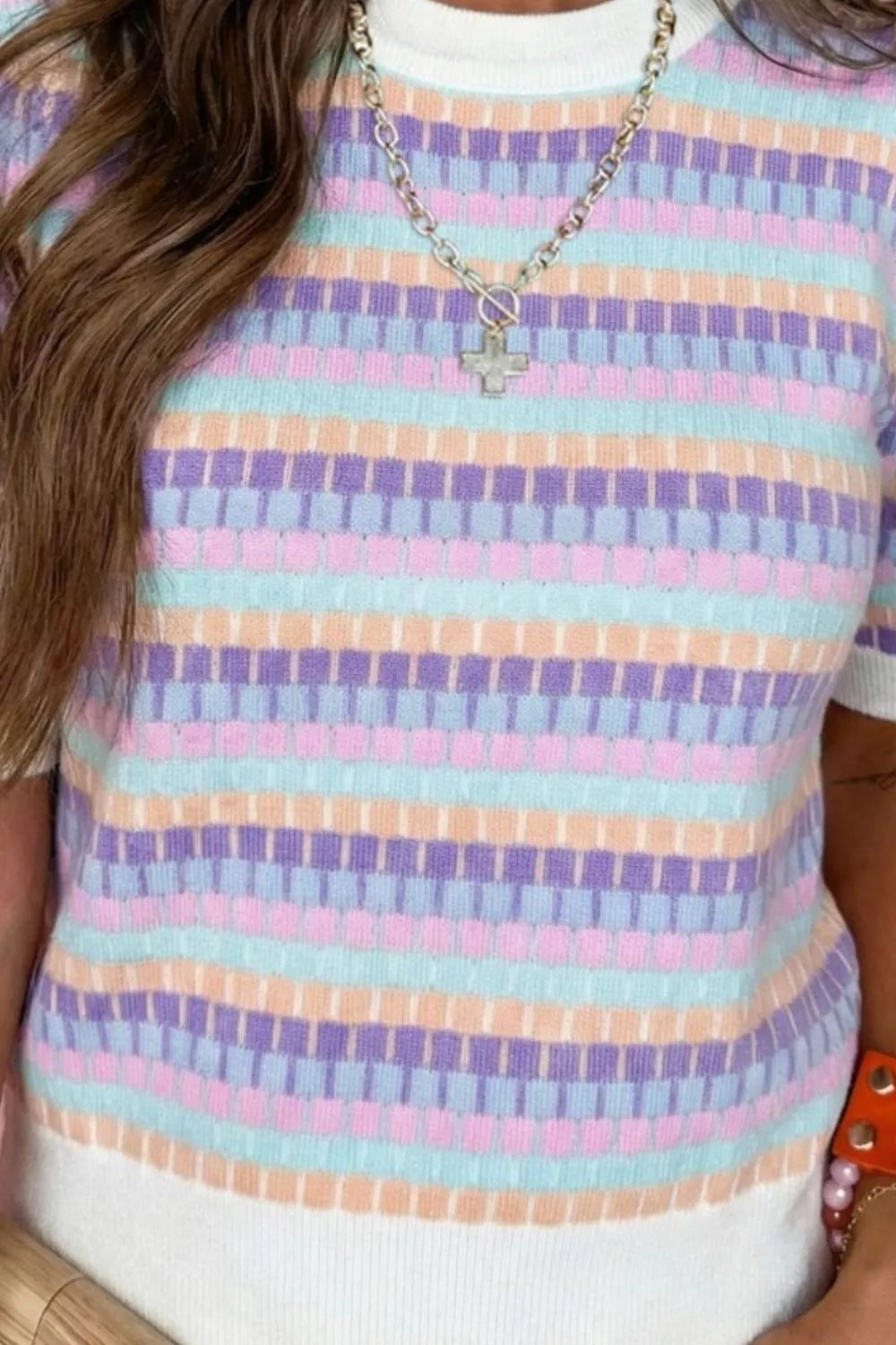 Abstract Striped Knit Short Sleeve Sweater