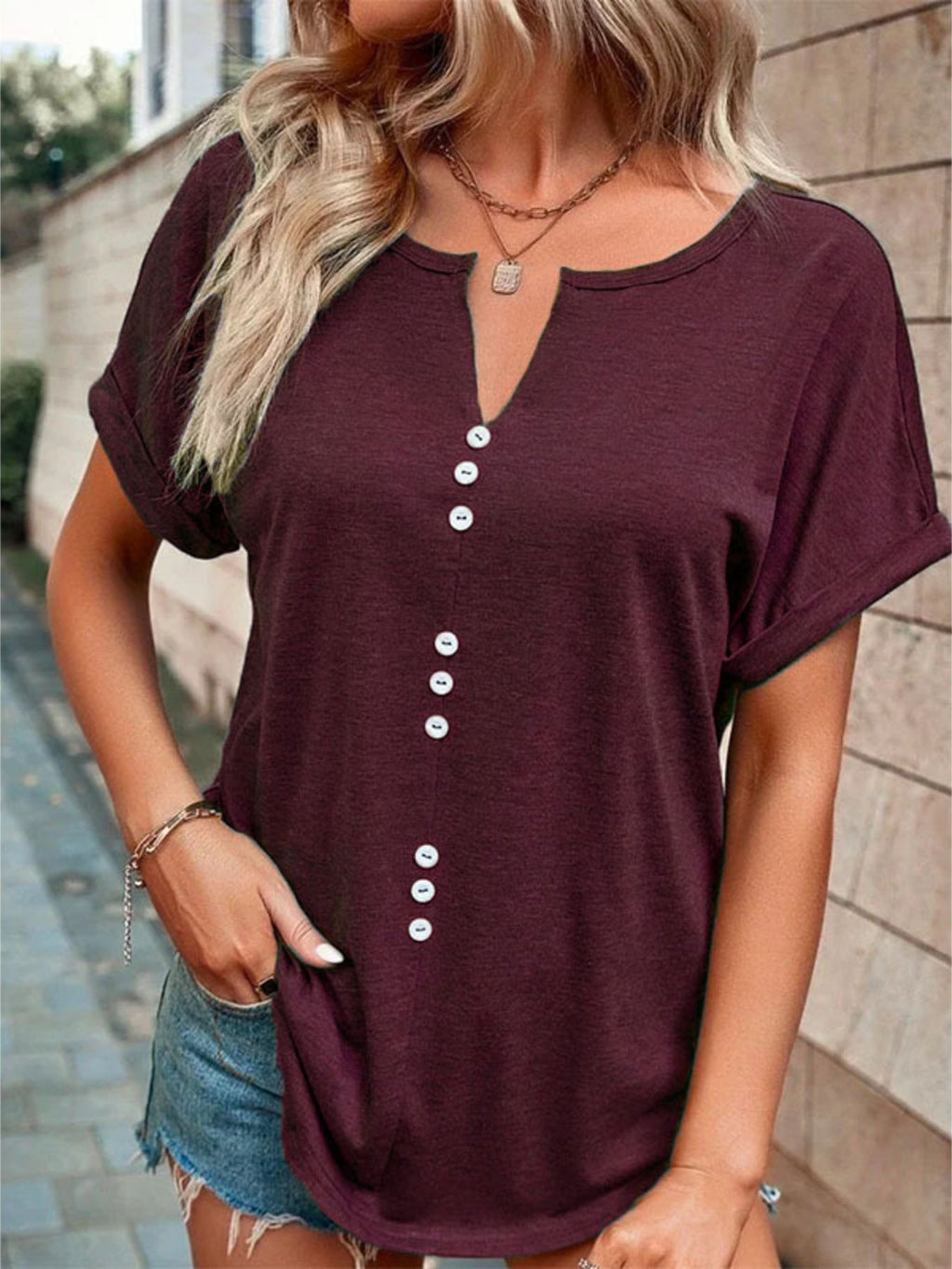 Full Size Decor Button Short Sleeve T-Shirt Plus Size