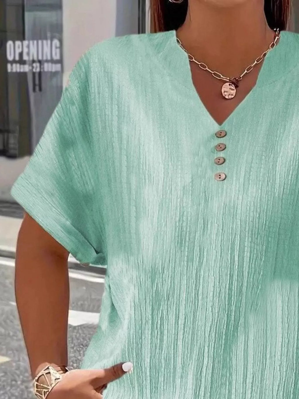 Plus Size Notched Short Sleeve Textured Top