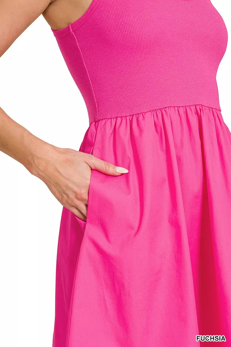 Zenana Combined Knit & Woven Midi Dress