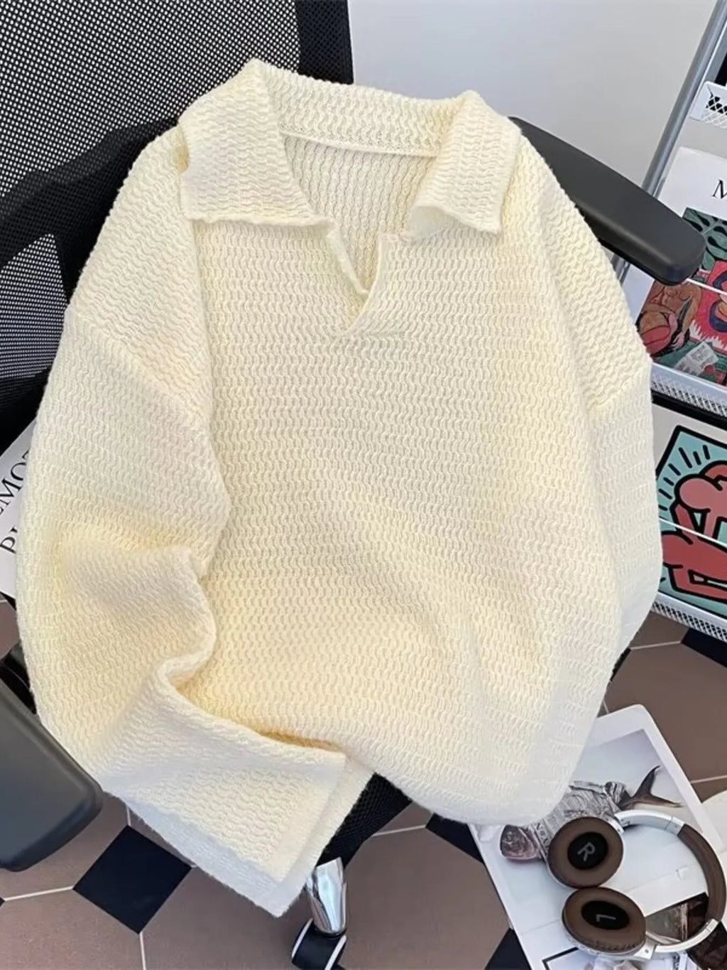 Men's Textured Knit Polo Collar Sweater
