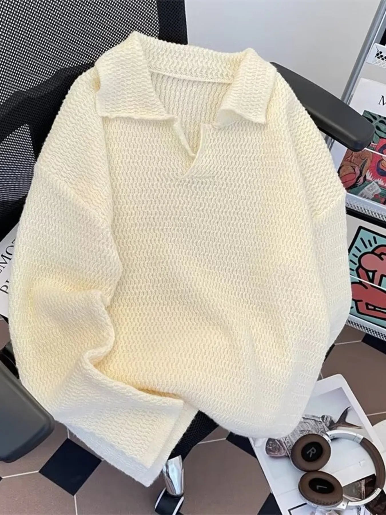 Men's Textured Knit Polo Collar Sweater