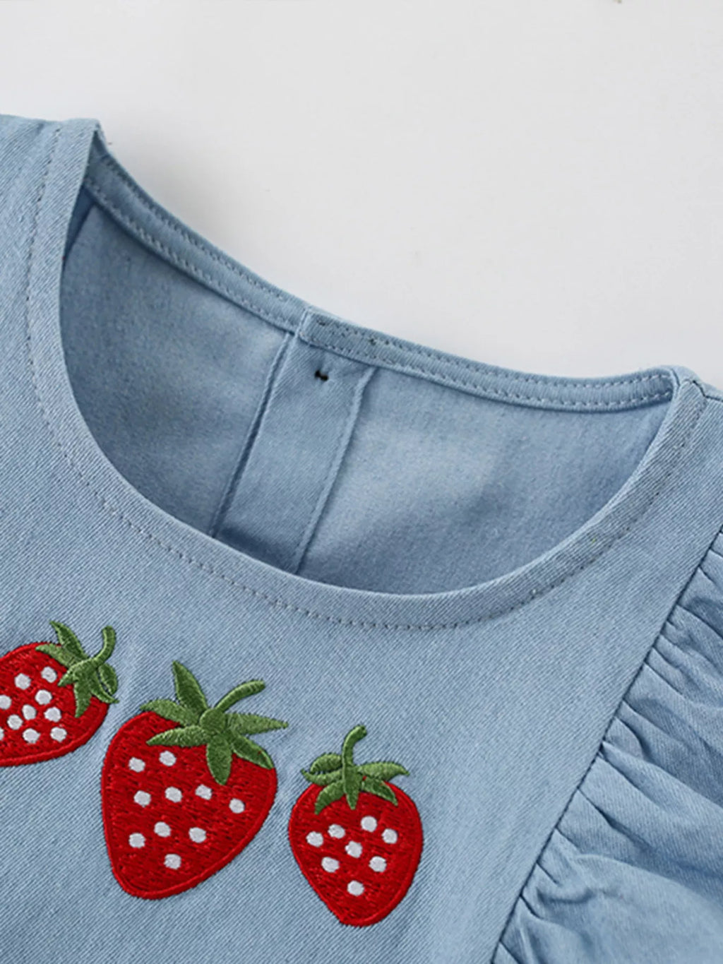 Children's Strawberry Embroidered Puff Sleeve Denim Dress