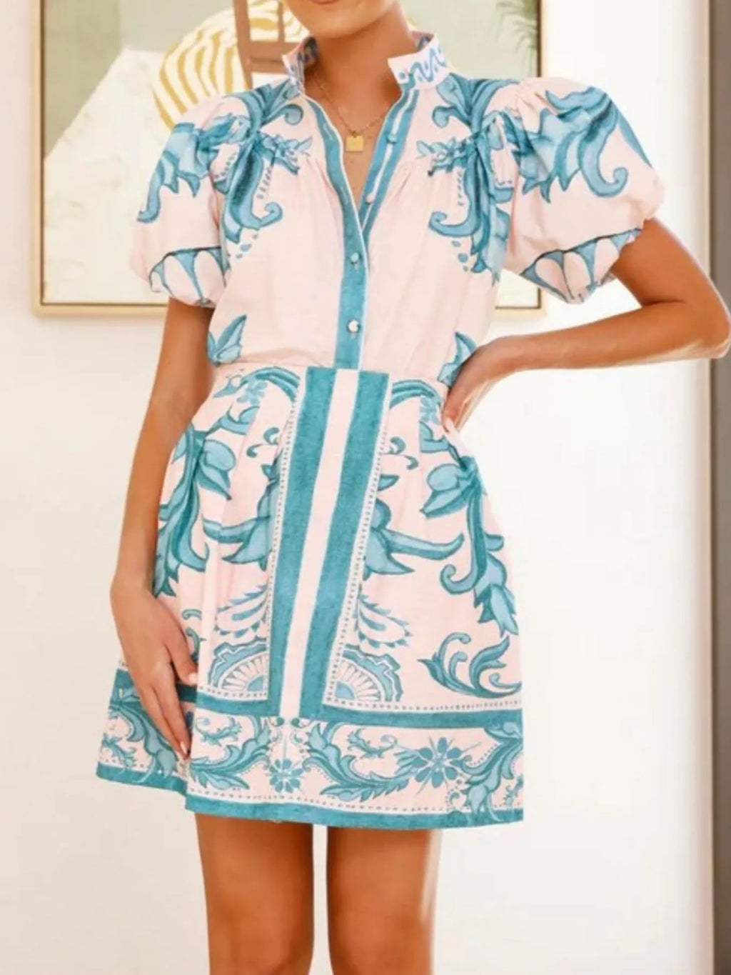 Puff Sleeve Printed Top and Zip Back Skirt Set