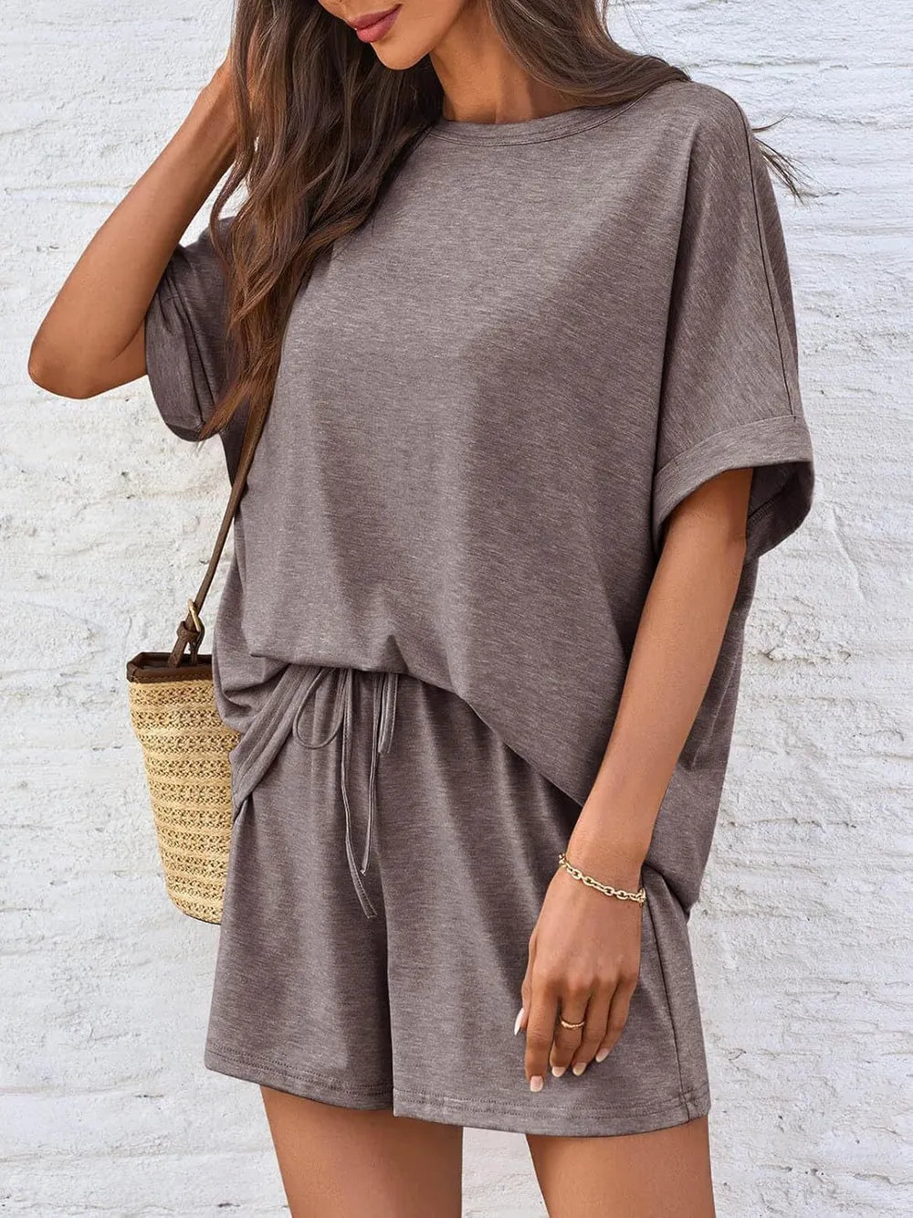 Round Neck T-Shirt and Drawstring Shorts Set
