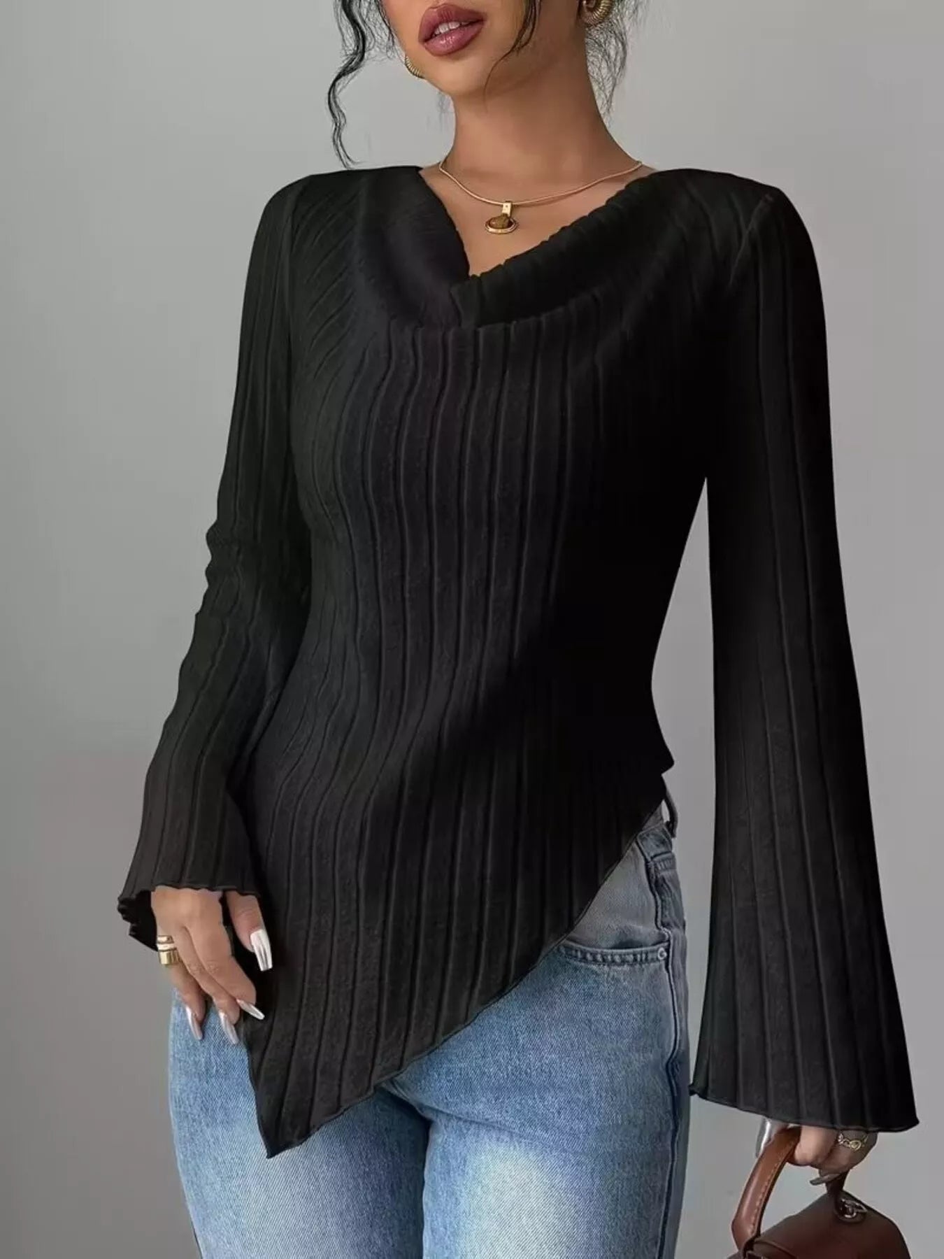 Cowl Neck Ribbed Knit T-Shirt