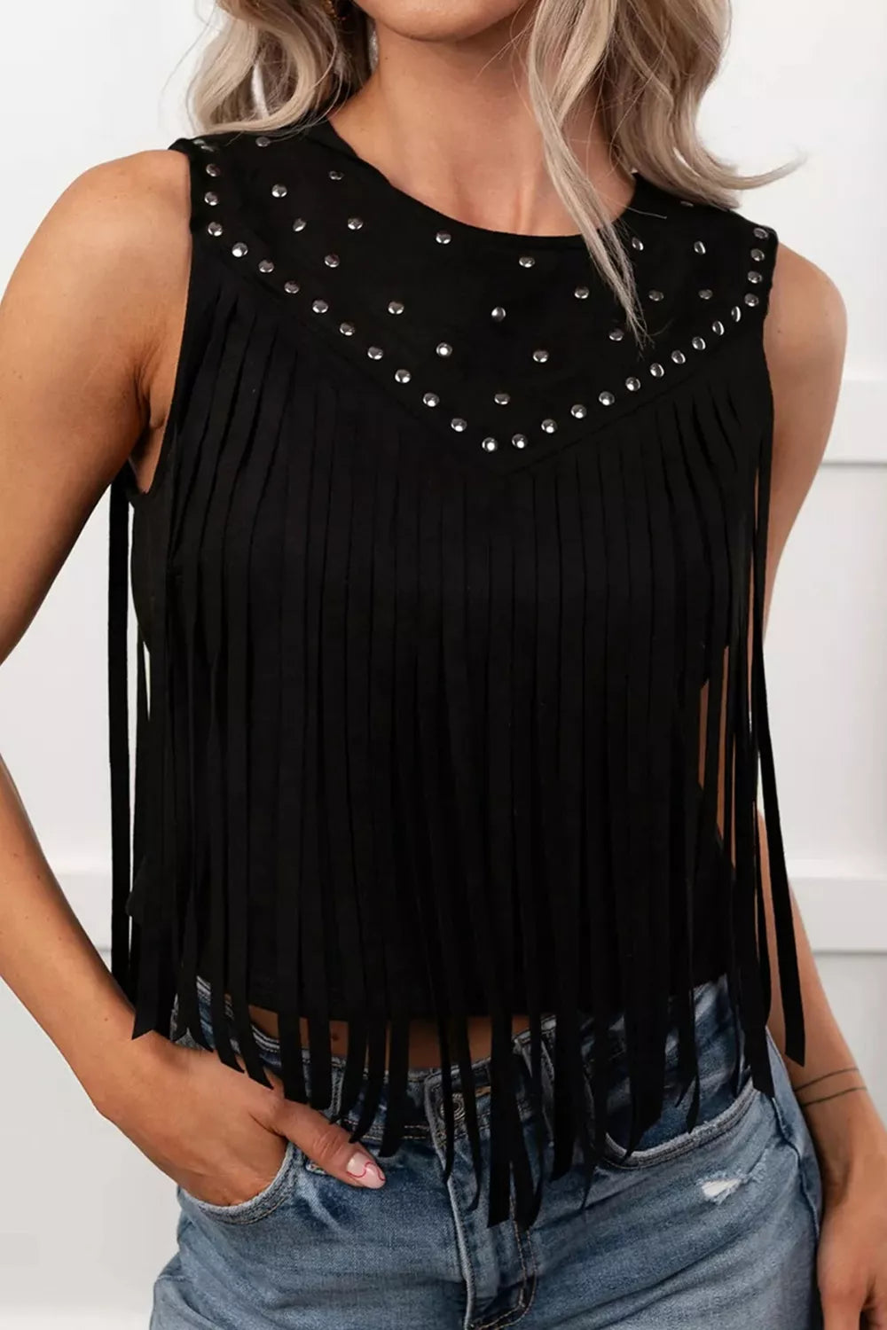 Western Fringe Rivet Paneling Bust Sleeveless Top
