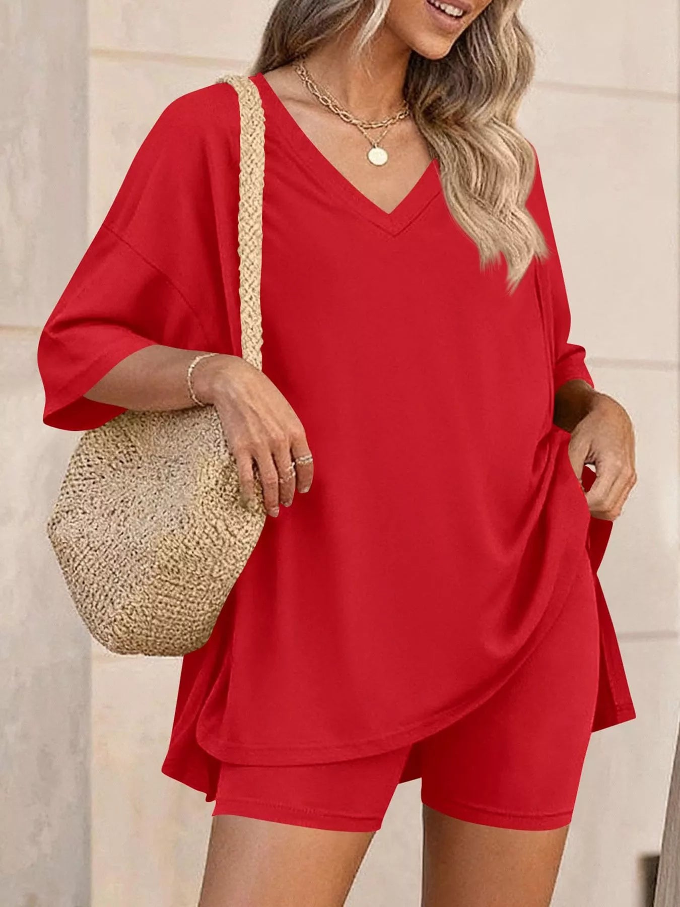 Full Size Casual Loose V-Neck T-Shirt & Shorts Set Plus Size