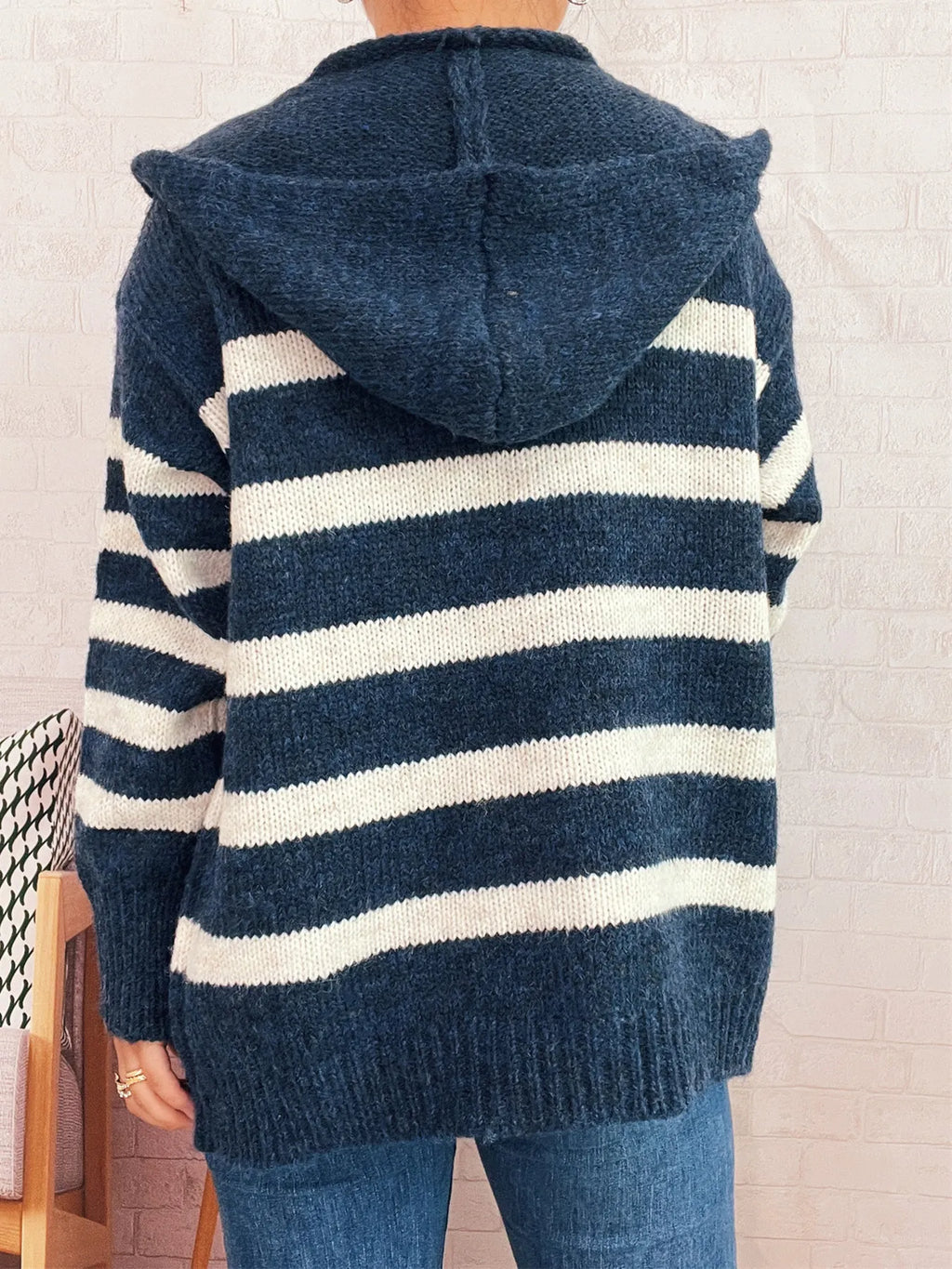 Striped Button-Up Hooded Cardigan