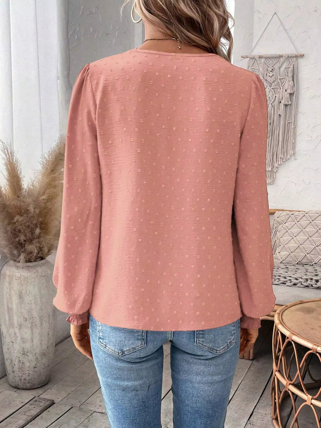 Swiss Dot Lace Detail Long Sleeve Blouse