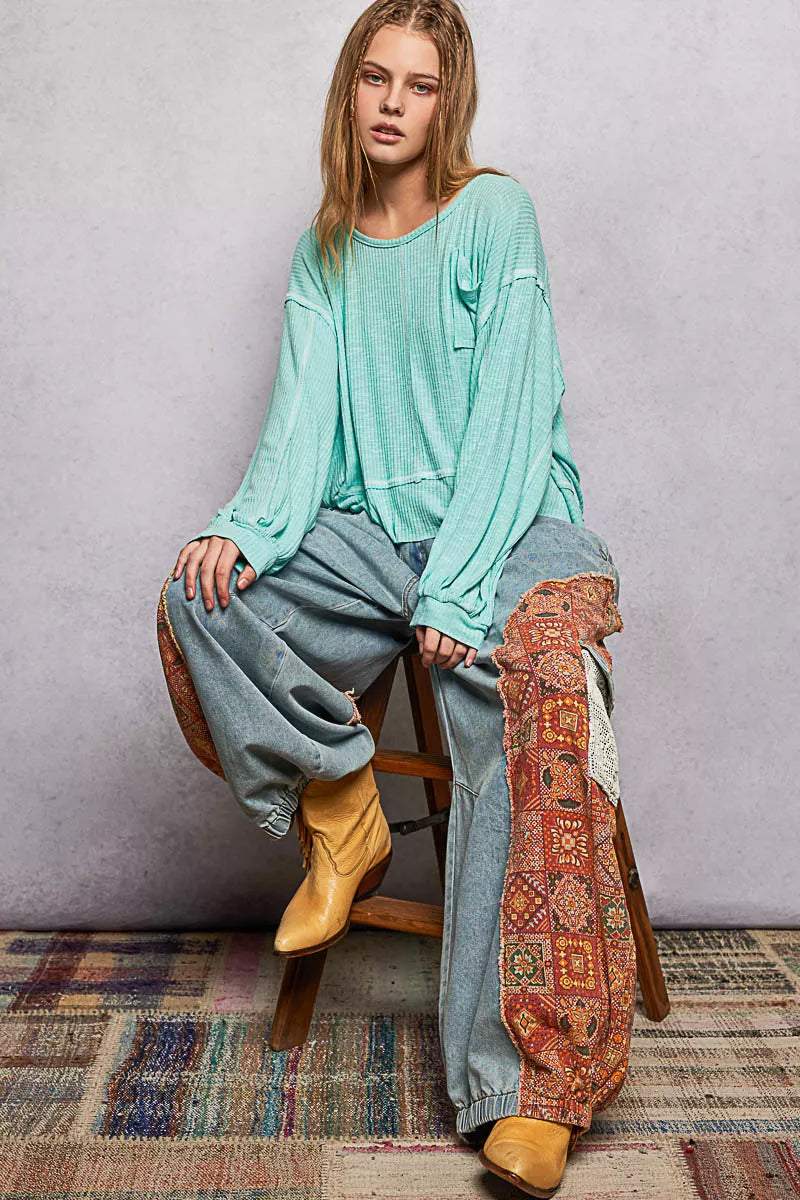 POL Round Neck Long Sleeve Exposed Seam Top with Chest Pocket