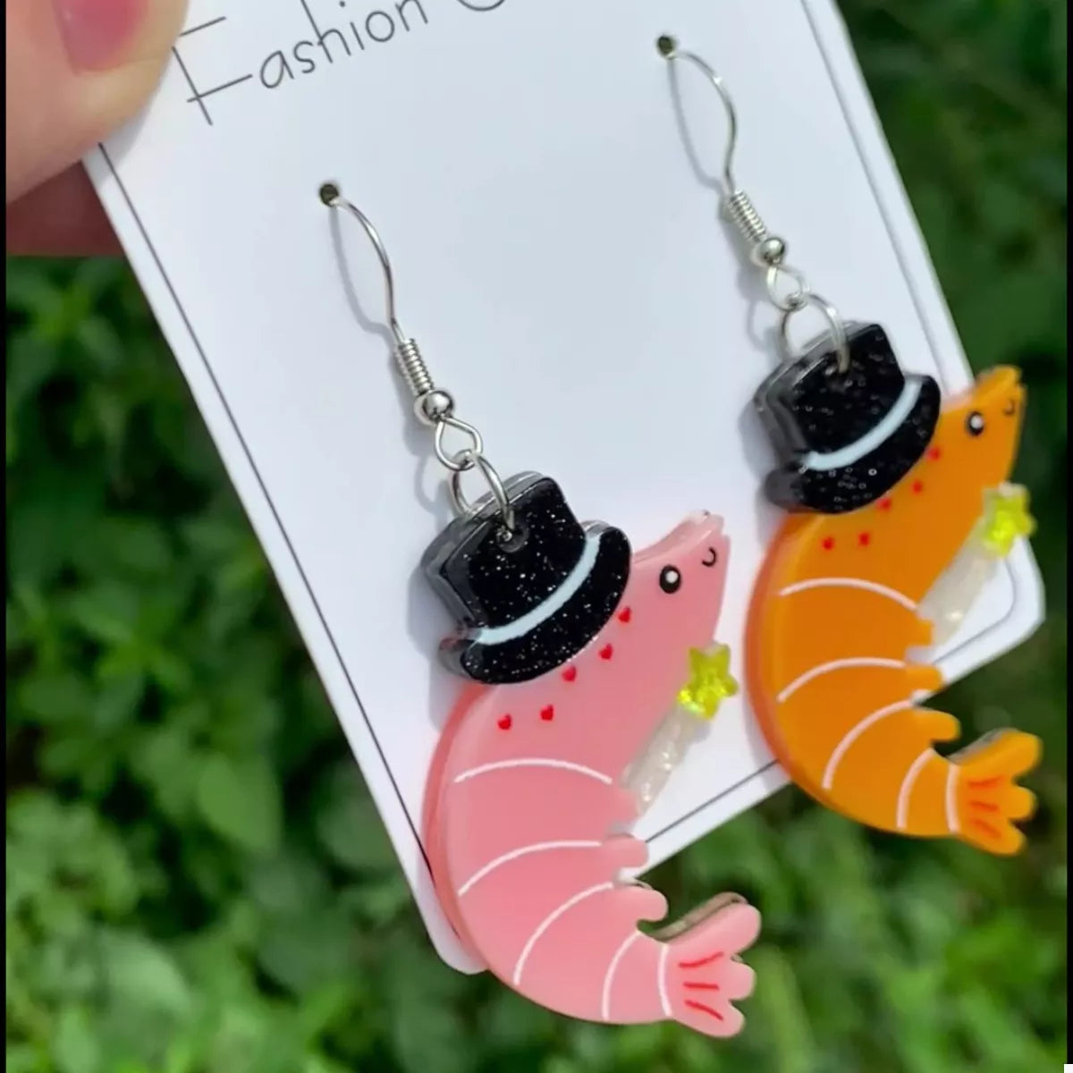 Whimsical Shrimp Earrings with Top Hats