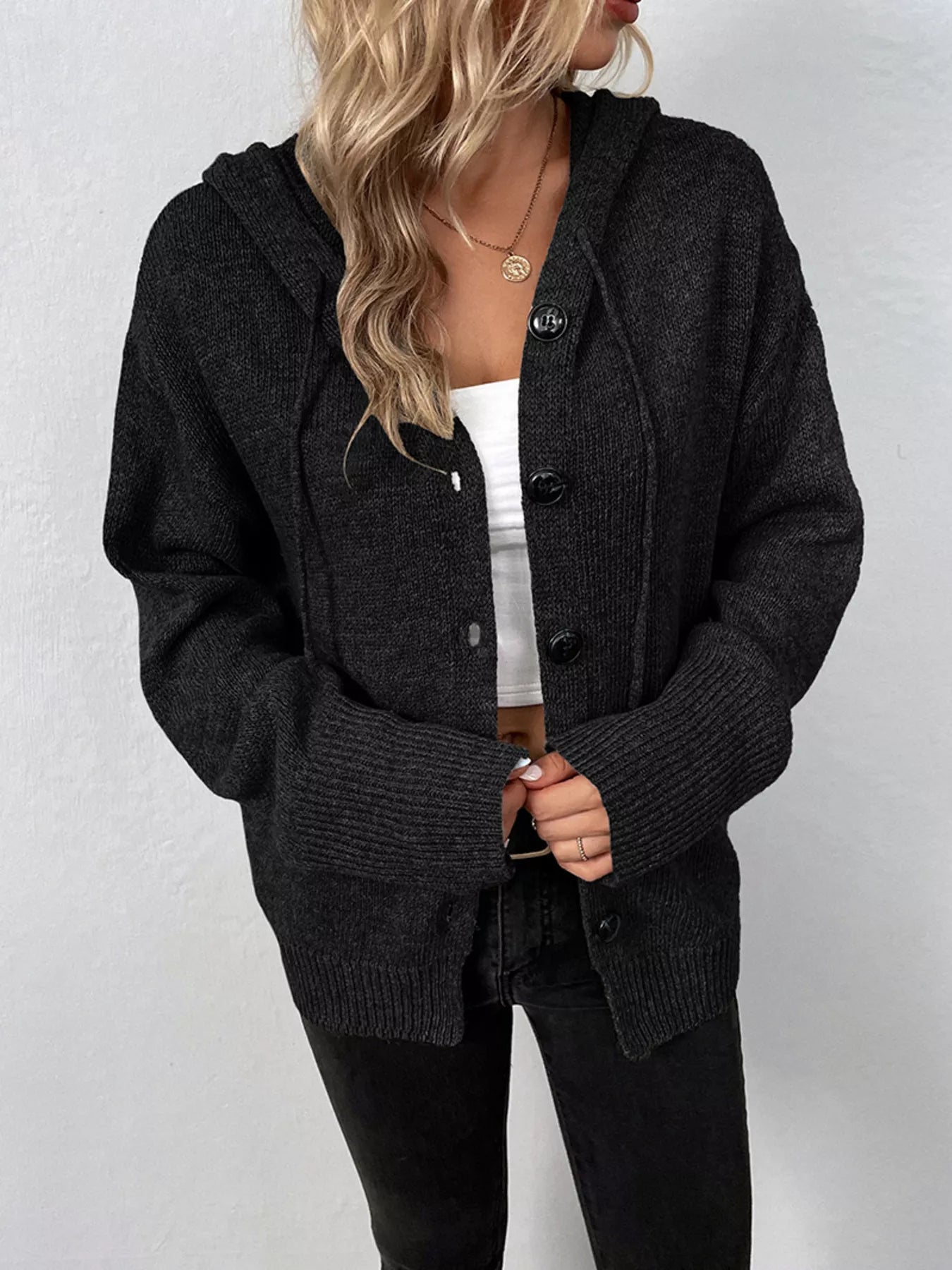 Full Size Cozy Knit Hooded Button-Down Cardigan Plus Size