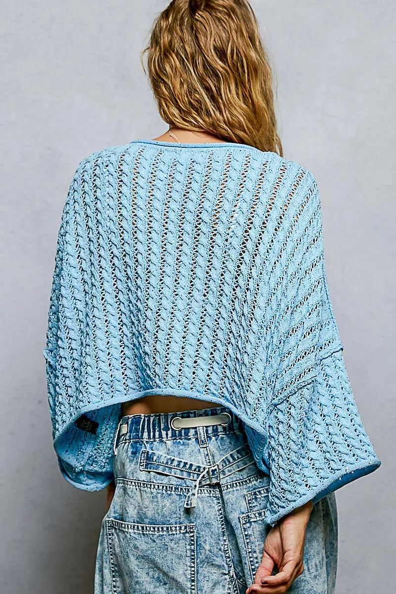 POL Cable-Knit Openwork Round Neck Cropped Sweater