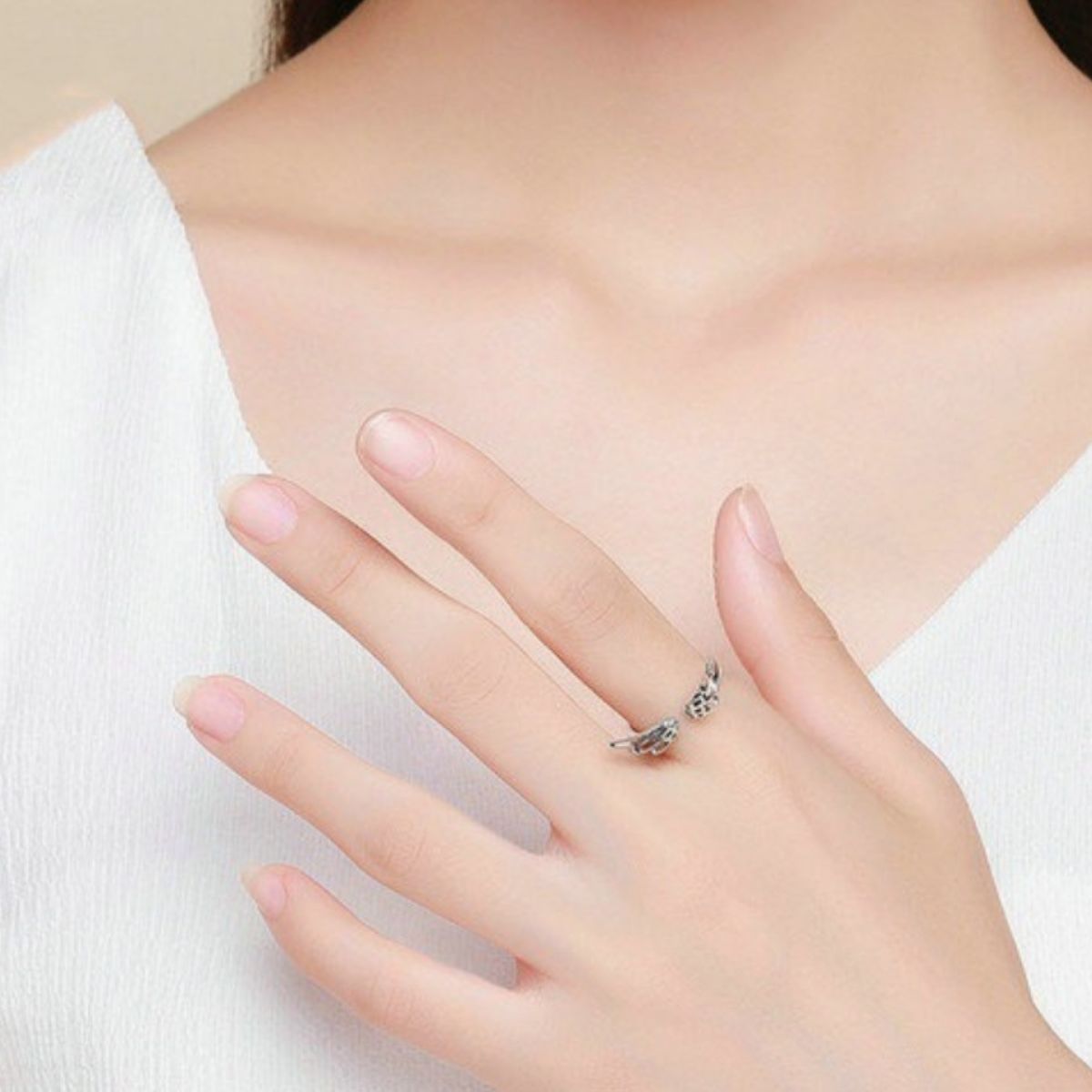 925 Sterling Silver Zircon Angel Wing Open Ring