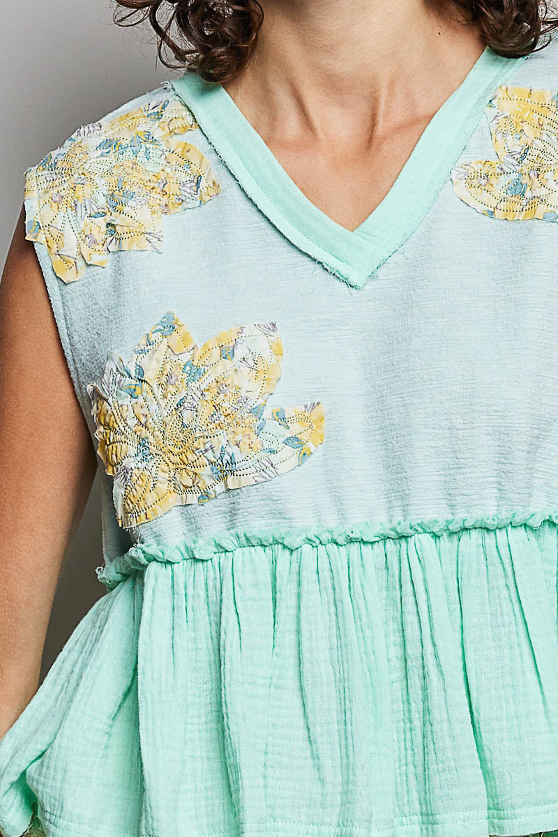 POL Floral Patch Ruffled Sleeveless Top with Raw Edge Detail